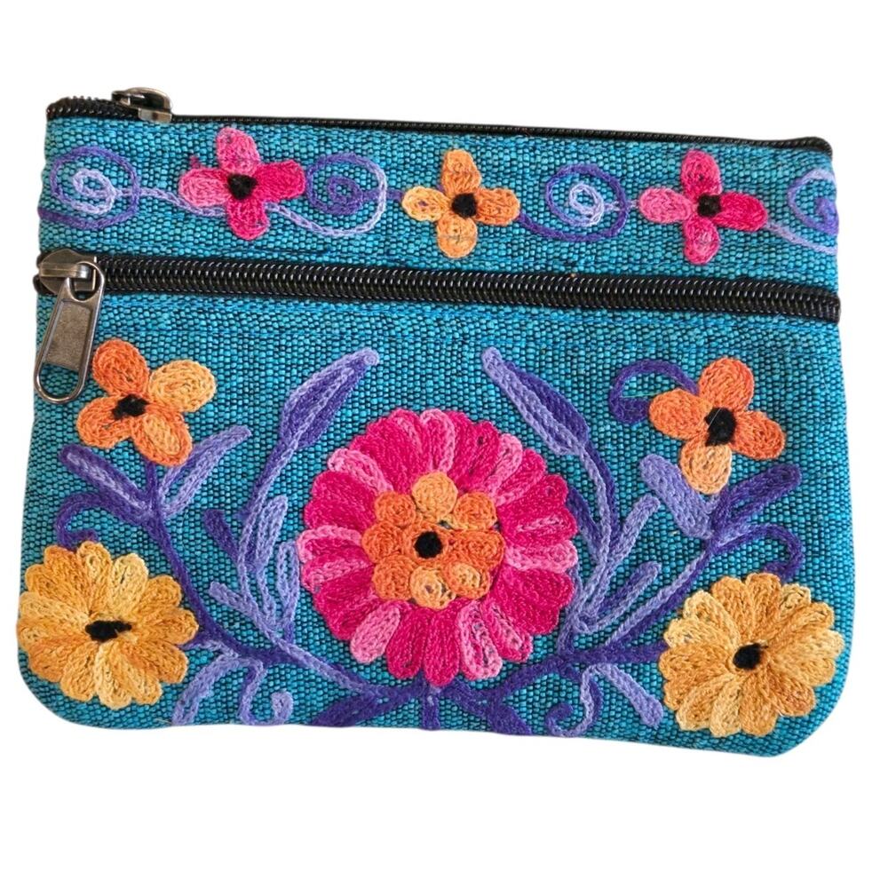 Handmade Embroidered Floral Coin Purse Teal Boho Fair Trade Nepal Zip Pouch